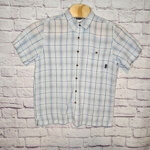 Patagonia Organic‎ Cotton Blue Tan White Check Men's Medium Camping Hiking Shirt